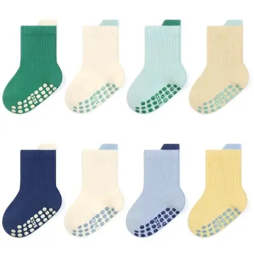 Produktbild: Exemaba Baby Rutschfeste Socken Kleinkinder Stoppersocken Baumwolle Antirutsch ABS Socken für Jungen Mädchen 8er-Pack(Blauer Set, L/3-5 Jahre)