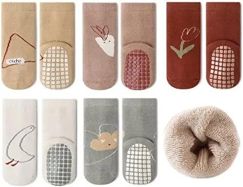 Produktbild: Exemaba Baby Socken Anti Rutsch Dicke - 5 Paar Winter Warme Kleinkinder Rutschsocken Krabbelsocken für Mädchen Jungen(E1,S/6-12 Monate)