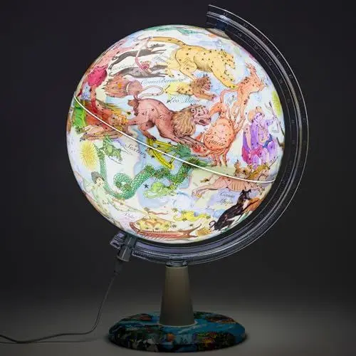 Produktbild: EXERZ 30CM Kunst Globus Tierkreis Beleuchtet - Englische Karte - Leuchtglobus illustrierte Karte der Tierkreisregion mit Leuchtfunktion - Kabel im Lieferumfang enthalten.