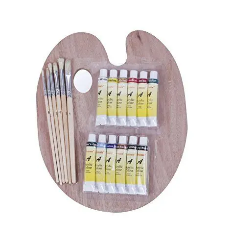 Produktbild: EXERZ Malerpinsel & Paletten Set - 6 Pinsel - 12 ungiftige Acrylfarben x 12ml - hölzerne Palette/Alles in einem