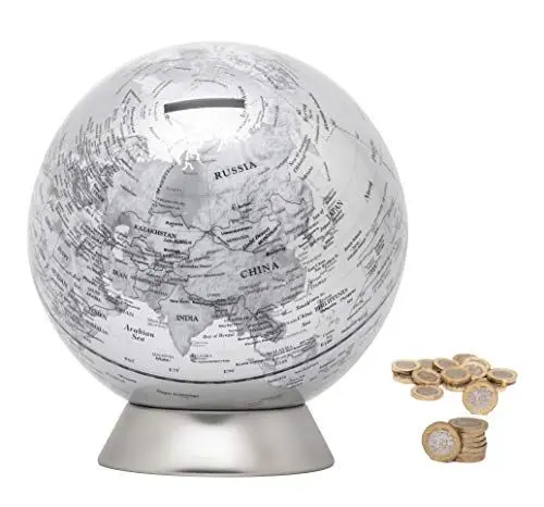 Produktbild: Exerz Globus Spardose/Sparbüchse/Sparschwein -Durchmesser 16 cm - Zeitgenössisch Metallisch Aussehen, Pädagogisch, Für Schule, Zuhause, Bürodekoration - Karte in Englisch - Silber
