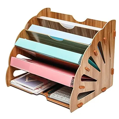 Produktbild: EXERZ Holz-Akten-Organizer 5 Ebenen Pfauenschwanz für Schreibtisch, Bürobedarf, Dokumentenhalter, Schüler, Schule, Notizbuch, Briefe und Zeitschriftenaufbewahrung, stationär, Gemäldetrocknung.