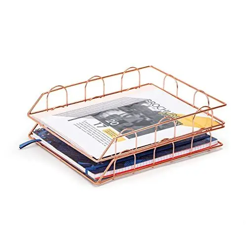 Produktbild: EXERZ Papiersortierer, 2 Stück, Stapelbare Ablagen, Schreibtisch-Organizer, Aktenhalter – Multifunktional Für Büro, Schule, Arbeitszimmer (Roségold)
