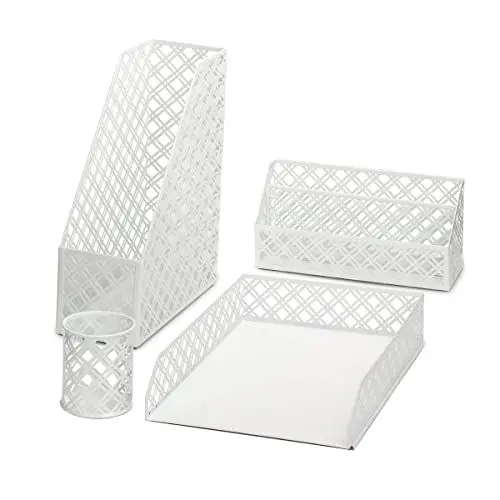 Produktbild: EXERZ Schreibtisch Organisator 4-teilig Büro-Set/Tischplatte Ablage Metallgitter Inklusive: A4 Briefablage x 1, A4 Zeitungsständer x 1, Briefhalter x1, Stifthalter x 1 - Weiß
