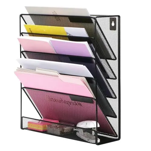 Produktbild: EXERZ Zeitschriften Wandhalter A4, Zeitschriftenhalter Wand, Prospekthalter, 5-lagiges Magzinregal, 5 Fächer Prospektspenderset, , Freistehend und Wandhalterung, Schwarz