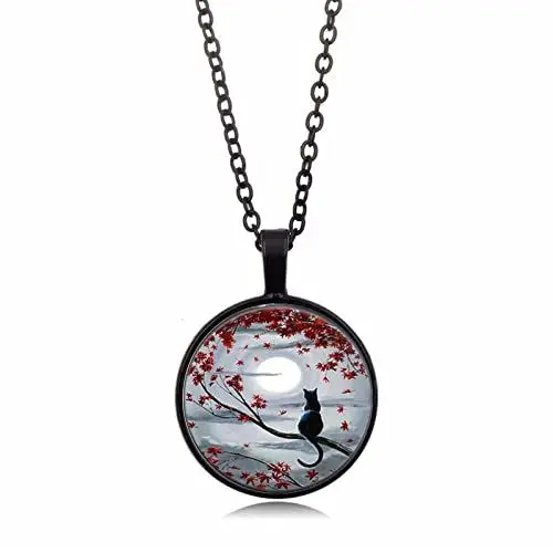Produktbild: EXFEA Schwarz Unisex Rotes Blatt Mond Katze Zeit Juwel Halskette Anhänger Glas Cabochon Charme Kreative Pullover Kette Accessoires Schmuck Choker Mode Schlüsselbein Kette Geschenke, 45 cm, 1 Stück