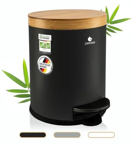 Produktbild: Exitoso 5L Mülleimer Bad Schwarz - Kosmetikeimer mit Bambus-Holzdeckel und Absenkautomatik - mit Rutschfest Pad - Tretmülleimer Bad aus Edelstahl - Badmülleimer - Badezimmer Mülleimer