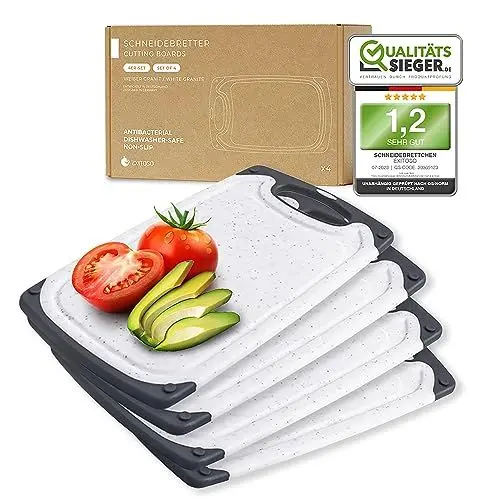 Produktbild: Exitoso Frühstücksbrettchen 4er Set mit Saftrille - Spülmaschinenfest - Marmoroptik hell Schneidebrett Kunststoff rutschfest BPA frei - Brettchen Set Brett