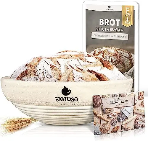 Produktbild: Exitoso Gärkörbchen rund 1kg aus Peddigrohr Ø25cm - Beige inkl. (E-Book Rezept, Leinentuch) - Brot backen mit Gärkörbchen Set - Gärkorb rund Banneton Brotbackzubehör Gärform - Garkörbe Brot Brotbacken