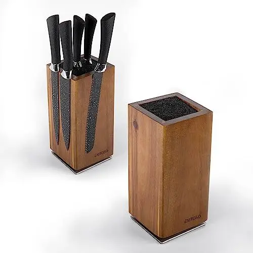 Produktbild: Exitoso NEU Messerblock aus Akazie, 360-Grad-Drehbar mit außen Magneten & herausnehmbaren Borsteneinsatz – Platz für bis zu 20 Messern | sichere Messeraufbewahrung Messerblock aus Holz (ohne Messer)