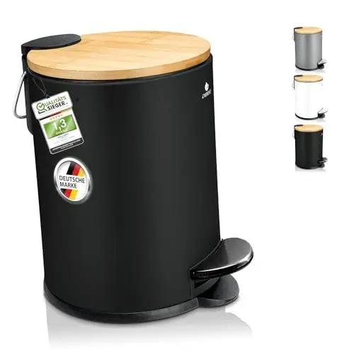 Produktbild: Exitoso kleiner Mülleimer Bad schwarz - Kosmetikeimer 3L Bambus rutschfest - Tretmülleimer Bad aus Edelstahl mit Softclose Deckel - Badmülleimer Kosmetikeimer schwarz Bad Mülleimer Badezimmer