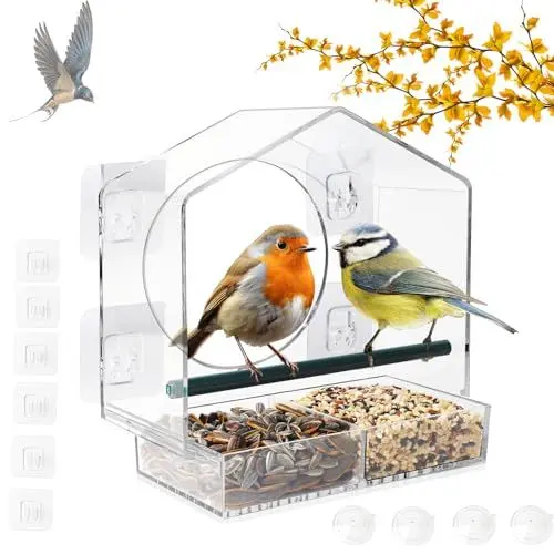 Produktbild: EXLECO Vogelhaus Fenster Futterhaus Transparent Acryl Vogelfutterspender Vogelhäuschen Vogelhaus Fensterscheibe Vogelhaus Balkon mit 4 Saugnäpfen 6 Haken für Meisen Spatzen Wildvögel