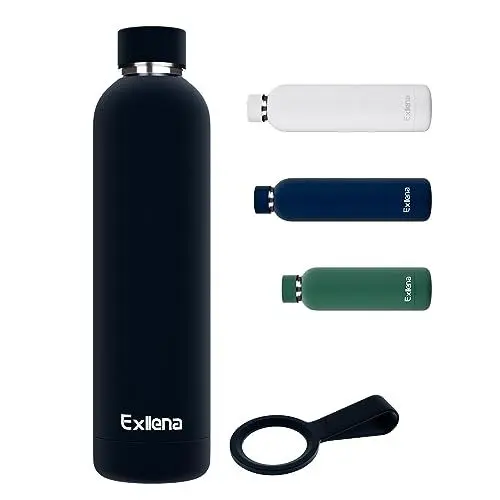 Produktbild: Exllena Edelstahl Trinkflasche 1l Hält Getränke 24 Stunden kalt/ 12 Stunden warm, Wasserflasche 1l 100% auslaufsicher ideal für Büro, Schule, Sporthalle...(Schwarz)