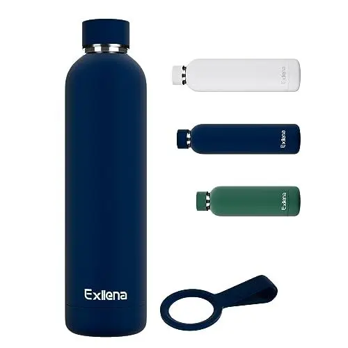 Produktbild: Exllena Trinkflasche Edelstahl 1l - Hochwertige Thermosflasche Mit Silikongriff für Sport, Büro und Reisen - 24 Stunden Kühlfunktion - 12 Stunden Warmhaltefunktion - Auslaufsicher (Dunkelblau)