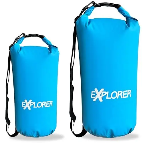 Produktbild: EXPLORER® Dry Bag 10L Packsack Wasserdicht in Blau Verstellbarer Schultergurt – Ideale Rolltop Tasche für SUP Kajak Wandern, Camping, Angeln, Bootfahren und Rafting