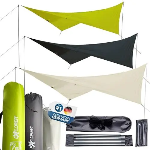 Produktbild: EXPLORER® Sonnensegel 3x4m rechteckig wasserabweisend mit Stangen, Leinen und Heringen Sonnenschutz UPF80+ UV Schutz nach Standard 801 in anthrazit für Balkon Garten Terrasse