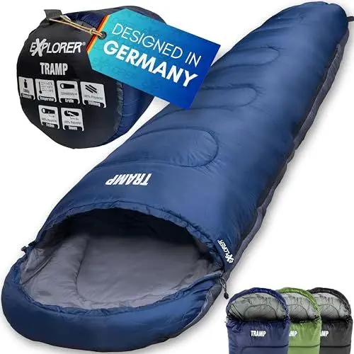 Produktbild: EXPLORER® Tramp Schlafsack Blau -9°C +9°C (250GSM) 3 Jahreszeiten Leichter Mumienschlafsack für Erwachsene(1300g) 230x80x55cm kombinierbar, ideal für Outdoor, Camping, Trekking und Reisen