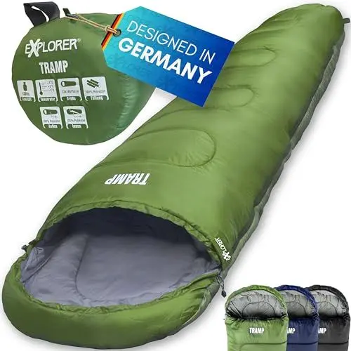 Produktbild: EXPLORER® Tramp Schlafsack Grün -9°C +9°C (250GSM) 3 Jahreszeiten Leichter Mumienschlafsack für Erwachsene(1300g) 230x80x55cm kombinierbar, ideal für Outdoor, Camping, Trekking und Reisen