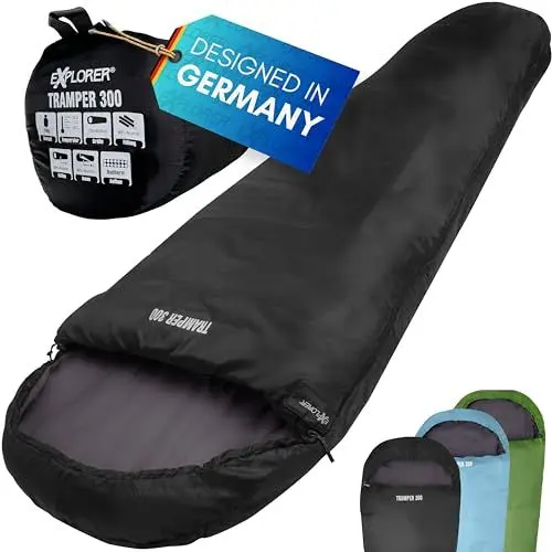 Produktbild: EXPLORER® Tramper 300 Schlafsack Schwarz -16°C +13°C (300g/m²) 3 Jahreszeiten Leichter Mumienschlafsack für Erwachsene(1500g) 230x80x55cm kombinierbar für Outdoor, Camping, Trekking und Reisen
