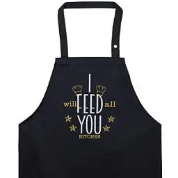 Produktbild: EXPRESS-STICKEREI Lustige Kochschürze mit Spruch: I feed You - BESTICKTE Schürze zum backen - Größe Verstellbar mit Tasche für Frauen & Männer Grillschürze mit lustigem Spruch für Party BBQ