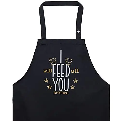 Produktbild: EXPRESS-STICKEREI Lustige Kochschürze mit Spruch: I feed You - BESTICKTE Schürze zum backen - Größe Verstellbar mit Tasche für Frauen & Männer Grillschürze mit lustigem Spruch für Party BBQ