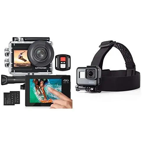 Produktbild: Exprotrek 4K-Action-Kamera mit Touchscreen, EIS Einstellbarer Blickwinkel, 40 m wasserdichte Unterwasserkamera, ferngesteuerte Sportkamera & Amazon Basics Kopfgurt für GoPro Actionkamera