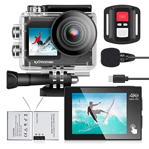 Produktbild: Exprotrek Action Cam,4K 30fps Ultra HD, 30m 100Fuß wasserdichte Unterwasserkamera, WiFi, 70°-170° Ultraweitwinkel, Fernbedienung, 2 Akku und Helmzubehör-Kit