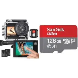 Produktbild: Exprotrek Action Cam 4K Unterwasserkamera Wasserdicht & SanDisk Ultra Android microSDXC UHS-I Speicherkarte 128 GB + Adapter