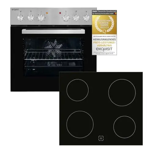 Produktbild: Exquisit Einbauherd-Set Backofen EHE10156-U-020 Set inox | Energieeffizienzklasse A | 59 l Garraum | Grill | Umluft | Glaskeramikkochfeld | rahmenlos | Einbaubackofen 60 cm