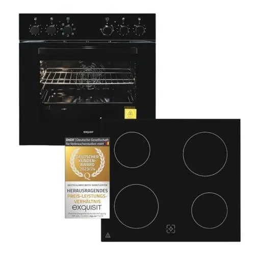 Produktbild: Exquisit Einbauherd-Set Backofen EHE10256-U-020 Set schwarz | Energieeffizienzklasse A | 59 l Garraum | Grill | Umluft | Glaskeramikkochfeld | rahmenlos | Einbaubackofen 60 cm