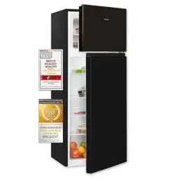 Produktbild: Exquisit Kühl-Gefrier-Kombination, 143 cm Höhe, Kühlschrank mit Gefrierfach, 206 Liter, 4-Sterne-Gefrierfach, Türanschlag wechselbar, Temperaturregelung, KGC5270-45-010E schwarz