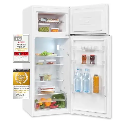 Produktbild: Exquisit Kühl-Gefrierkombination, 143 cm Höhe, Kühlschrank mit Gefrierfach, 4-Sterne-Gefrieren, 206 Liter, KGC5270-45-040D weiss