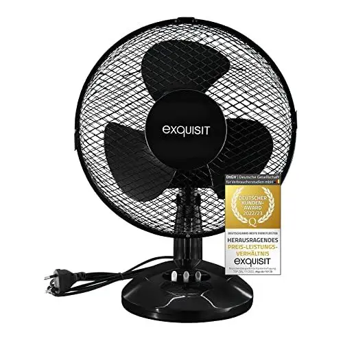 Produktbild: Exquisit Tischventilator | Oszillationsfunktion | 35 W Leistung | Kunststoff | Ventilator Tisch 3 Leistungsstufen | schwarz & weiß
