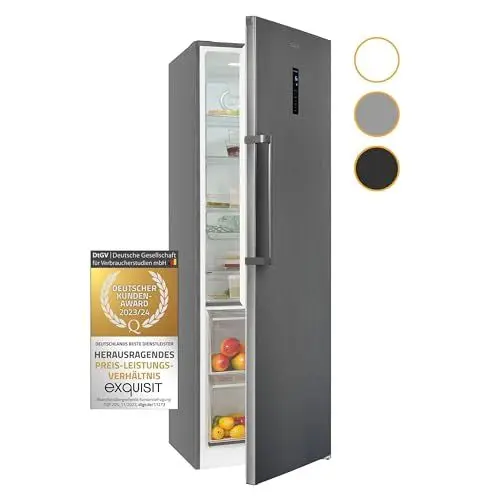 Produktbild: Exquisit Kühlschrank ohne Gefrierfach, 359 Liter, No-Frost, Alarm-Funktion, 5 Ablagen, 4 Türablagen, Gemüsefach, LED-Beleuchtung, Vollraumkühlschrank, KS360-V-HE-040D inoxlook