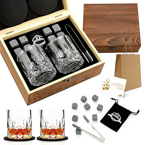 Produktbild: Exreizst Whisiskey- Whiskey Set Geschenk -Whiskey Geschenke für männer-Whiskyglas-Set 2 Whisky -8 Whisky Steine -Geschenkset Geschenke für Väter, Zubehör mit Holz Geschenkbox MännerWeihnachtsgeschenke