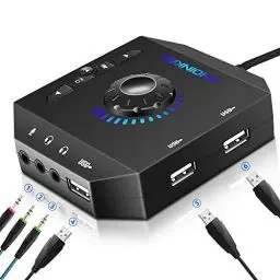 Produktbild: Externe Soundkarte, PHOINIKAS T10 USB Audio Adapter für PC Windows, Mac, Linux, Laptops, Desktops, Stereo Soundkarte mit 3,5mm Schnittstelle & USB Schnittstelle, Plug & Play (6-in-1, Schwarz)