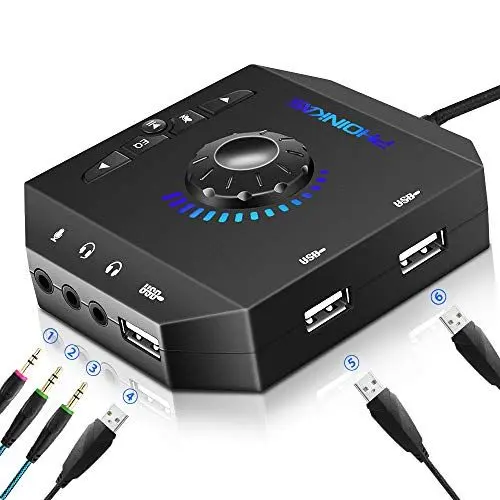 Produktbild: Externe Soundkarte, PHOINIKAS T10 USB Audio Adapter für PC Windows, Mac, Linux, Laptops, Desktops, Stereo Soundkarte mit 3,5mm Schnittstelle & USB Schnittstelle, Plug & Play (6-in-1, Schwarz)