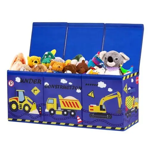 Produktbild: Extra Groß Aufbewahrungsbox mit Deckel Kinder, Zusammenklappbare Oxford-Spielzeugkiste mit Griff für Mädchen Jungen, Wasserdichte Spielzeug Aufbewahrung im Kinderzimmer, 96×32×40 cm (Blau Baufahrzeug)