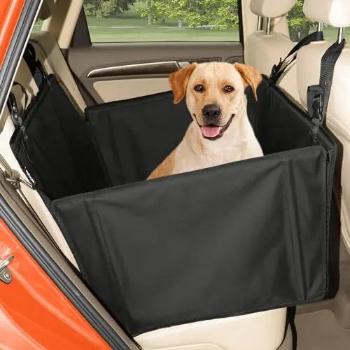 Produktbild: Extra Stabiler Hunde Autositz - Verstärkter Autositz für kleine und mittlere Hunde mit 4 Befestigungsgurten - Hochwertiger und wasserdichter Hundeautositz für den Rücksitz im Autos (L-Größe, Schwarz)