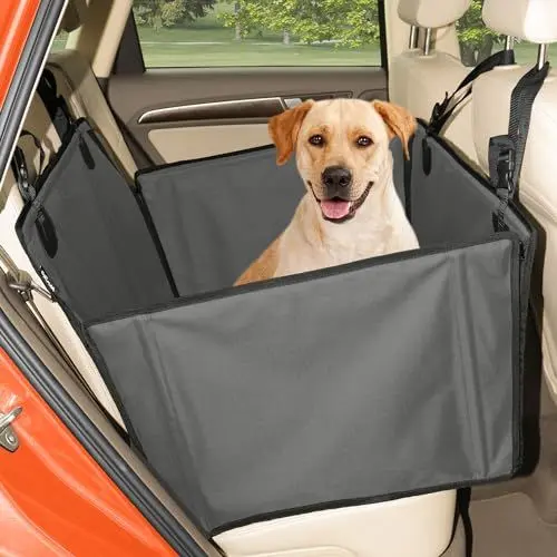 Produktbild: Extra Stabiler Hunde Autositz - Verstärkter Autositz für kleine und mittlere Hunde mit 4 Befestigungsgurten - Hochwertiger und wasserdichter Hundeautositz für den Rücksitz im Autos (L-Größe, Grau)