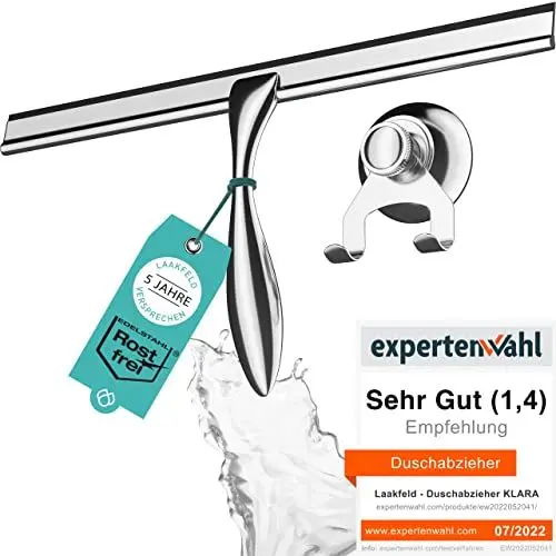 Produktbild: Extra breiter 30,5cm Duschabzieher Edelstahl mit Silikon Lippe - Abzieher Dusche Edelstahl inkl. Saugnapf Halterung ohne Bohren - Duschabzieher breit mit ergonomischem Griff - Duschwischer Edelstahl