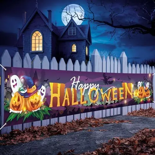 Produktbild: Extra Große Happy Halloween Banner Party Deko - 9.8 x 1.6 Fuß Stoff Lila Kürbis Geist Schild für Draußen Trick or Treat Outdoor Gartenzaun Garage Heim Dekoration