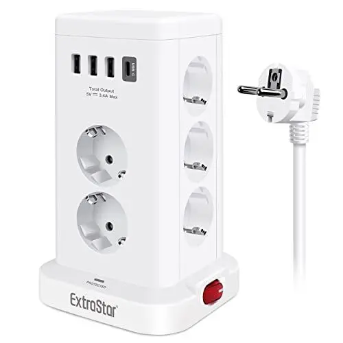 Produktbild: EXTRASTAR 11 Fach Mehrfachsteckdose mit 3 USB A und 1 USB C, Steckdosenleiste mit Schalter, Mehrfachstecker Verlängerungskabel 1,8M für Zuhause Büro, Steckerleiste 16A max.3680W, Weiß