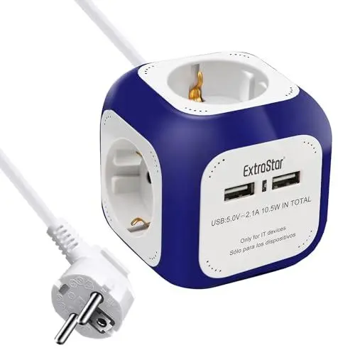 Produktbild: EXTRASTAR Steckdosenwürfel mit 2 USB-Anschlüssen(5V/2.1A), 4-Fach Steckdosenleiste mit 1.5M Kabel, Mehrfachsteckdose Würfel für Büro, Heim oder Reise, Navy Blau