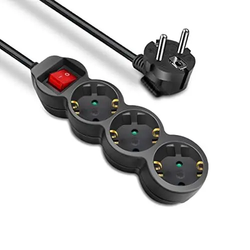 Produktbild: EXTRASTAR Steckdosenleiste 3-Fach Mehrfachsteckdose mit Save Energy Schalter zum Stromsparen, Kabel 1.5 m, Kindersicherung 16A, 3680W, Schwarz
