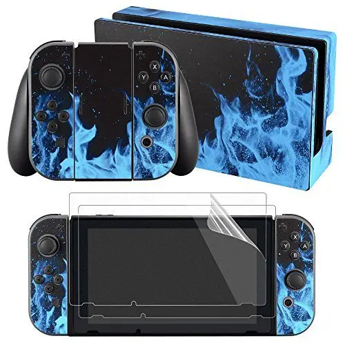 Produktbild: eXtremeRate Aufkleber Sticker Skin Decal Folie Abziehbild Faceplates Kleberfolie mit 2 Displayschutzfolie für Nintendo Switch/NS Konsole&Joy-Con&Dock&Griff(Blaue Flamme)