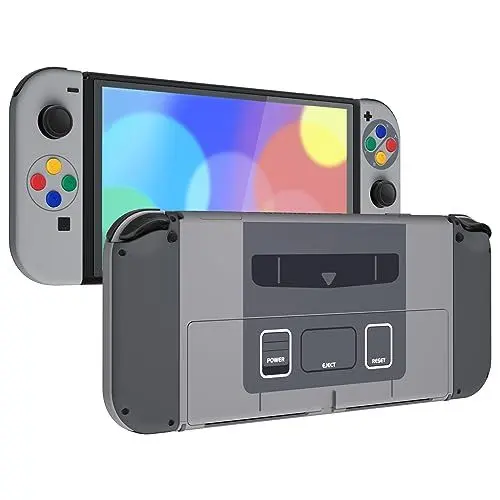 Produktbild: eXtremeRate Full Hülle für Nintendo Switch OLED Model, DIY-Ersatz Joycon Gehäuse & Tasten & Konsole Case & Kickstand Set, Skin Abdeckung Zubehör für Switch OLED Console Joy Con-Classic SNES EU Stil