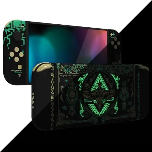 Produktbild: eXtremeRate Full Hülle für Nintendo Switch OLED Joy Con/Console, Custom Case Shell & Buttons & Kickstand Set, DIY-Ersatz Abdeckung für Switch OLED Joycon/Konsole-Totem of Kingdom Schwarz