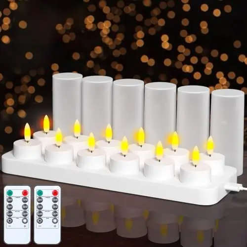 Produktbild: EXTSUD 12 Stück Led Teelichter Aufladbare Teelichter mit Timer und Ladestation Elektrische Teelichter Wiederaufladbar Kerzen Flackernd Flammenlose Kerzen für Halloween Weihnachten Tisch Deko