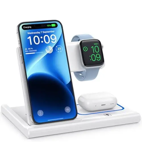 Produktbild: EXW Induktive Ladestation,Wireless Charger für Apple Watch Ladestation,Apple Ladestation Kompatibel mit iPhone 16 15 14 13 12 11 Pro & Max Serie, AirPods Pro/3/2, Apple Watch-Weiß(Kein Ladestecker)